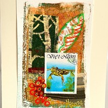 Collage Art Frog Vietnam Postage Handmade Original Blank Greeting Card+Envelope - £11.92 GBP