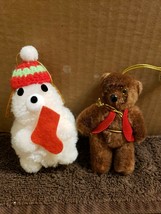 2 Christmas Ornaments, a Fuzzy White Puppy Dog and Brown Fuzzy Teddy Bear - £3.95 GBP