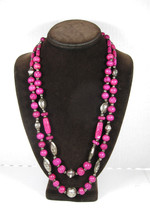 Dark Pink Carved Beaded Vintage Necklace Double Strand Silvertone Metal Bead 26&quot; - £25.25 GBP