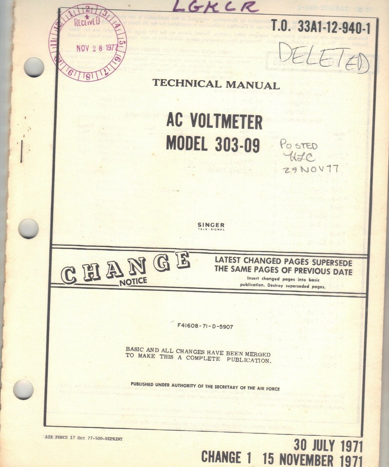 VINTAGE SINGER AC VOLTMETER  303-09 Tech Manual T.O. 33A1-12-940-1,30Jul... - $6.48