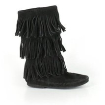 Minnetonka Suede Boho Fringe Moccasin Boots Southwest Mid Calf Boots Black Sz 6 - $27.69