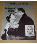 William Powell Luise Rainer Sheet Music Vintage 1935 Escapade - $32.91 CAD