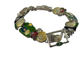 Vintage Silver Tone Enamel Golf Bracelet Bag Club Flag Ball Flaw - £11.61 GBP