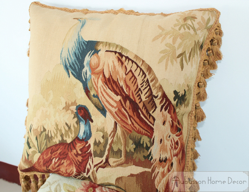 20" PEACOCK II Aubusson Tapestry Throw Pillow WOOL WOVEN Big Decorative Cushion - $167.99