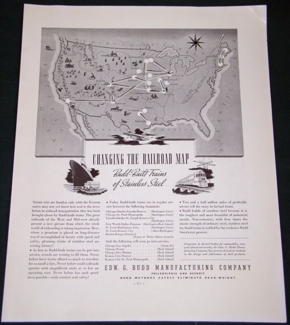 BUDD MANUFACTURING FORTUNE MAG AD VINTAGE TRAIN 1937 - $18.99