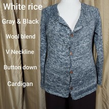 White Rice Wool Blend Gray / White/ Black V Neckline Cardigan Size XL - £12.59 GBP