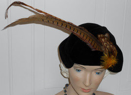 Vtg 40s WWII Hat Black Velour Vintage Half  Hat Pheasant Feathers with Spray EUC - £67.94 GBP