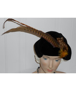 Vtg 40s WWII Hat Black Velour Vintage Half  Hat Pheasant Feathers with S... - £66.45 GBP
