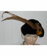 Vtg 40s WWII Hat Black Velour Vintage Half  Hat Pheasant Feathers with S... - $85.00