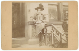 CIRCA 1880&#39;S Named CABINET CARD Girl in Fancy Clothing &amp; Hat Outside on Banister - £12.36 GBP