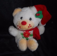 10" Vintage Fun World Christmas Teddy Bear Poinsettia Stuffed Animal Plush Toy - $23.75