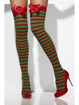 Red Green Striped Thigh Highs Bows Christmas Elf Santas Helper Mrs Santa... - €7,72 EUR