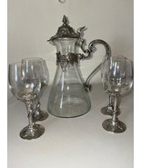 Wine Decanter Clear Glass And Four Glasses with Pewter Grape Motif Handl... - $247.50