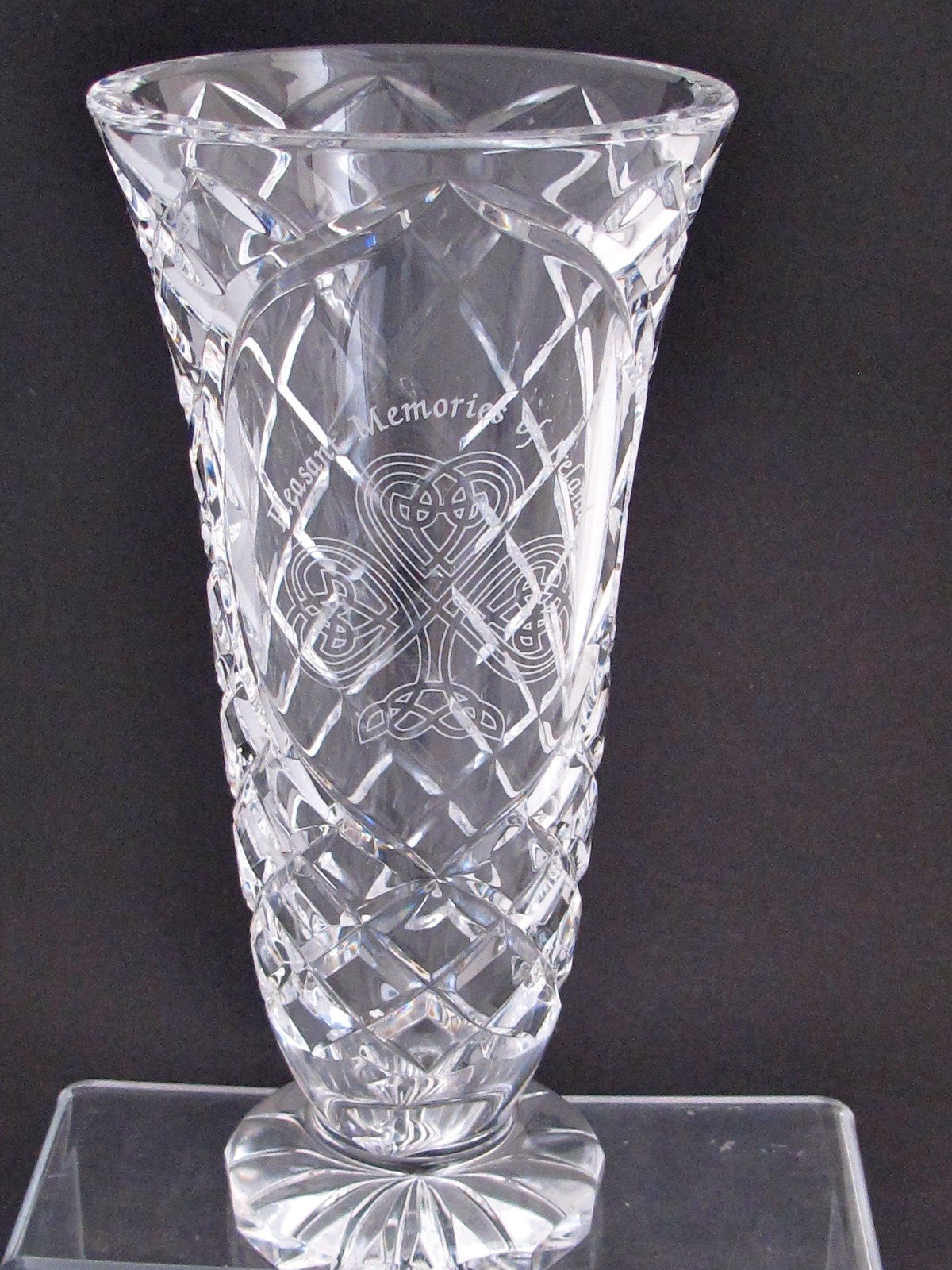 Hand cut 24% lead crystal vase Celtic Shamrock  cut glass ireland