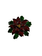 Signed Haskell Poinsettia Red Green Enamel Christmas Holiday Brooch Pin 2.25&quot; - £22.57 GBP
