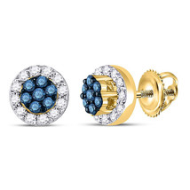 10k Yellow Gold Round Blue Color Enhanced Diamond Flower Cluster Earrings 1/2 - £353.07 GBP