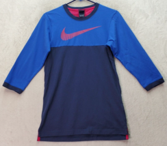 Nike Shirt Top Women XS Blue 100% Cotton 3/4 Sleeve Crew Neck High Low Slit Logo - £13.26 GBP