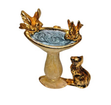 Vintage Brooch Pin Cat Watching Birds in Bird Bath Cat Goldtone Unique - $19.59