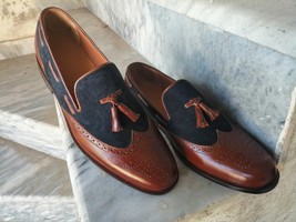 Handmade Men&#39;s Dress Leather &amp; Suede Tassel Brown &amp; Blue Loafer Shoes  - £115.92 GBP+