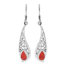 Filigree Curvy Teardrop Red Coral Inlay Sterling Silver Dangle Earrings - £19.75 GBP