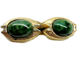 Shields Marbled Green & Gold-Tone Oval Cufflinks Tux Shirt Vintage Wedding - $34.64