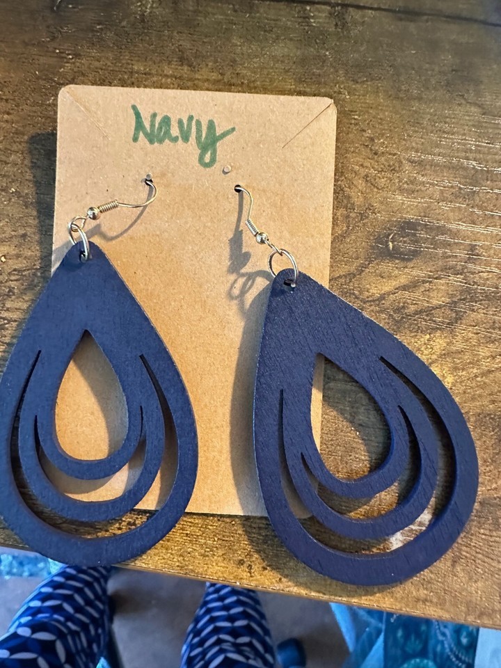 Wooden  Cut out - NAVY Earrings - $6.92