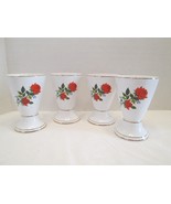 g62 4 Loucarte Portugal Water Wine Goblets Footed Cups Red Roses Gold Trim - £23.29 GBP