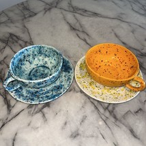 4pc New Vintage Handmade Ceramic Plate Large Cup Mug Bowl Speckled Orange Blue - £47.78 GBP