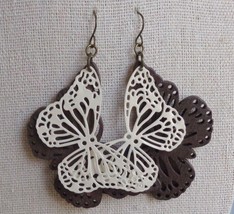 Dark Brown Ivory Cream Cutout Butterfly Earrings Drop Dangle Layered Wood Metal - £8.52 GBP