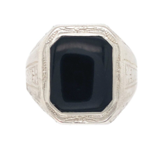 Art Deco 10k Gold Hand Engraved Men&#39;s Genuine Natural Black Onyx Ring (#J6540) - £497.23 GBP