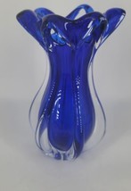 Pooled Art Glass Vase Cobalt and Clear Ribbed Hand Made in Czech Republi... - $88.35