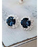 2.00 Ct Round Simulated Blue Sapphire Halo Stud Earrings 14K White Gold ... - £85.66 GBP
