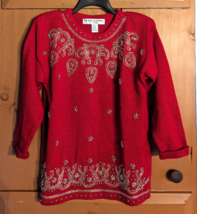 VINTAGE 80s Victoria Jones Red w/ Gold Beads Christmas Sweater Sz Petite L PL - £22.83 GBP
