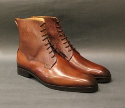 Handmade men&#39;s bespoke genuine calf leather brown lace up ankle boot US 5-15 - £118.14 GBP