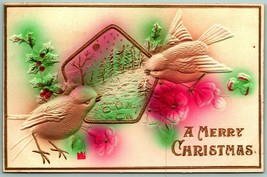 Merry Christmas Sparrows Holly Gilt Airbrush High Relief Embossed Postcard I10 - £14.39 GBP