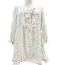 Cute Options Peasant Blouse Women&#39;s L Beige Drawstring Neck Long Sleeve 28 inch - £13.23 GBP