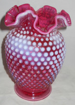 Fenton Cranberry Opalescent Hobnail Vase 6 X 4 Ruffled Red White - $76.66