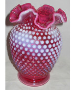 FENTON CRANBERRY OPALESCENT HOBNAIL VASE 6 X 4 RUFFLED RED WHITE - £61.05 GBP