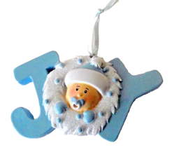 Christmas JOY Baby Boy Ornament Blue White Glitter Birth Wreath Holiday 4&quot; NEW - £7.35 GBP