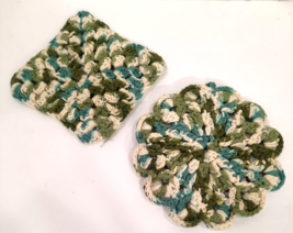 2 PC Vintage Set Handmade Crocheted Hot Pad Trivet Pot Holders Square Green Blue - £9.56 GBP