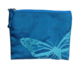 Teal Blue Silk Embroidered Butterfly Makeup Cosmetic Bag Small Zipper Pouch - £7.95 GBP