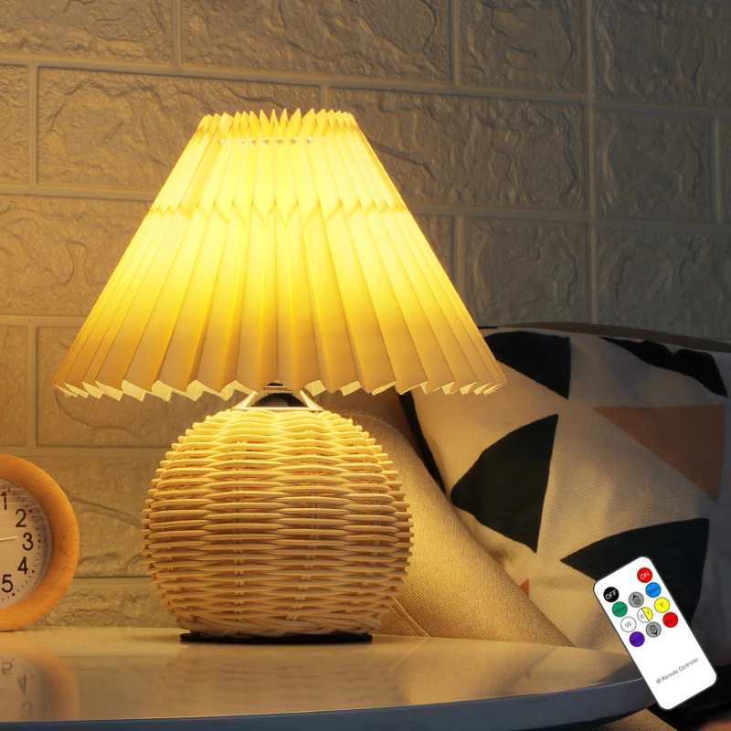 Nordic Pleated Table Lamp Rattan Base Desktop Light Dimmable Living Room Bedroom - £29.17 GBP