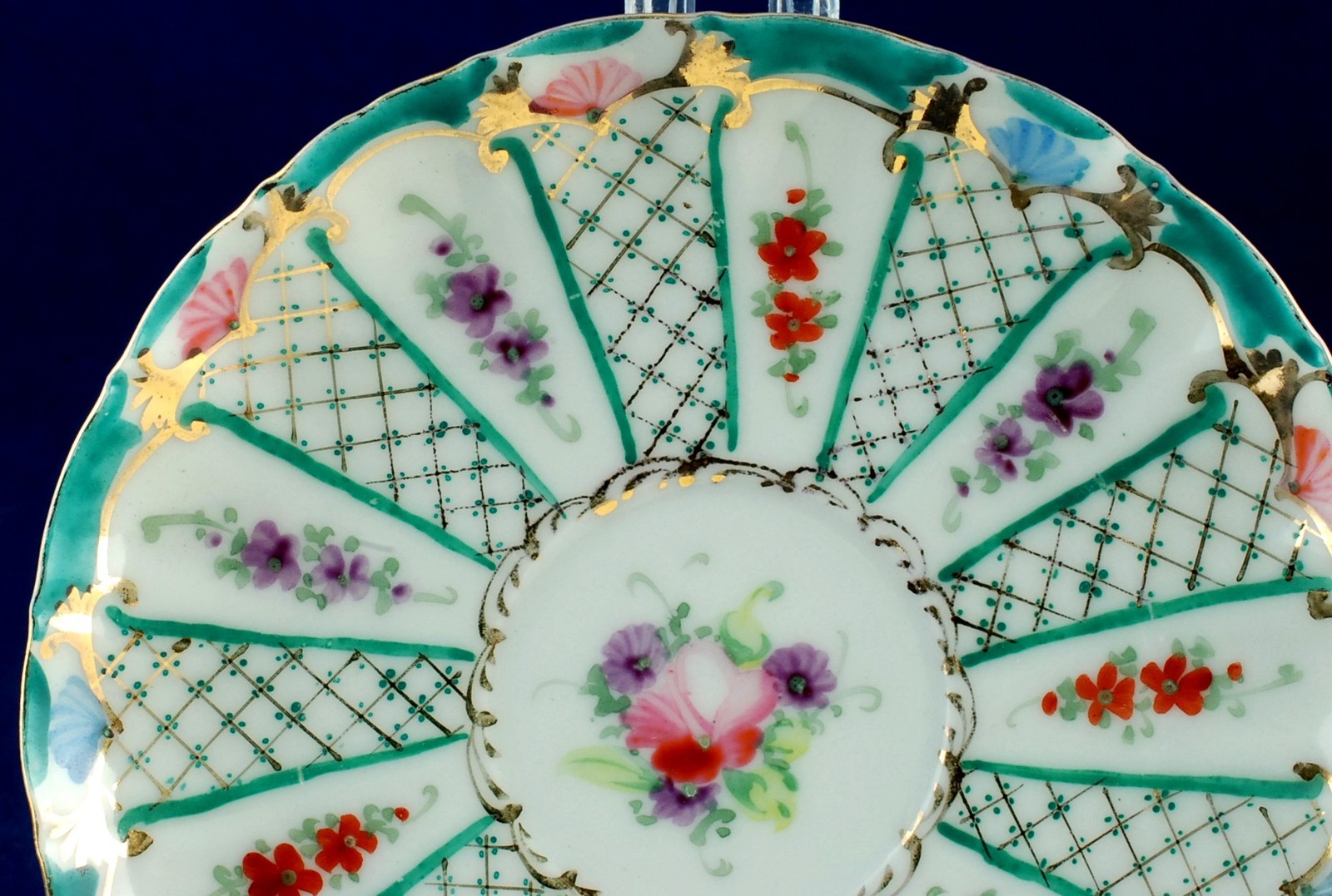 Dresden Plate Antique Hand Painted Demitasse Saucer Turquoise Floral Item image 2
