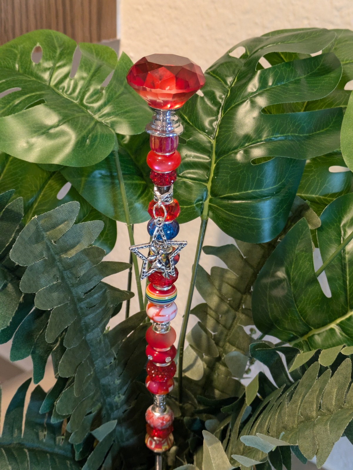 Fairy Wand Garden Stake with Red Crystal Top Red Beads &amp; Fairy Charm - $18.00