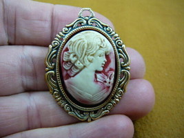 (cred-25) Woman hair headband with curls ivory lady red CAMEO brass Pin Pendant - £23.82 GBP