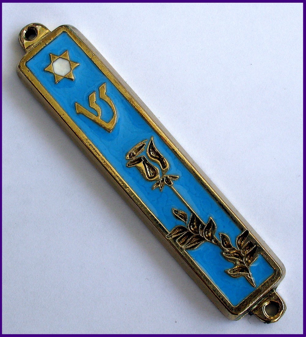 Cyan flower design Mezuzah Shin with star of David from Israel 3