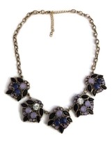 Blue Silver Tone Jeweled Rhinestone Gemstone Floral Nature Cluster Bib Necklace - £16.32 GBP