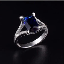4Ct Emerald Cut Simulated Blue Sapphire Engagement Ring 14k White Gold Plated - £46.03 GBP