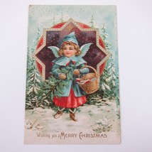 Christmas Postcard Girl Carries Basket &amp; Tree in Snow Gold Embossed Antique - £15.89 GBP