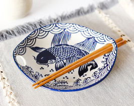 Blue White Koi Fish Small Appetizer Coupe Plate Flat Bowl With Chopsticks Set - £15.94 GBP